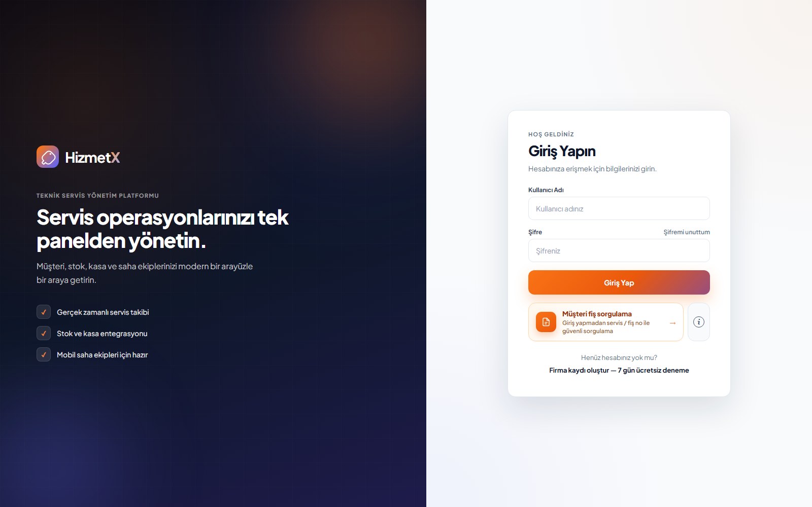 HizmetX giriş ekranı